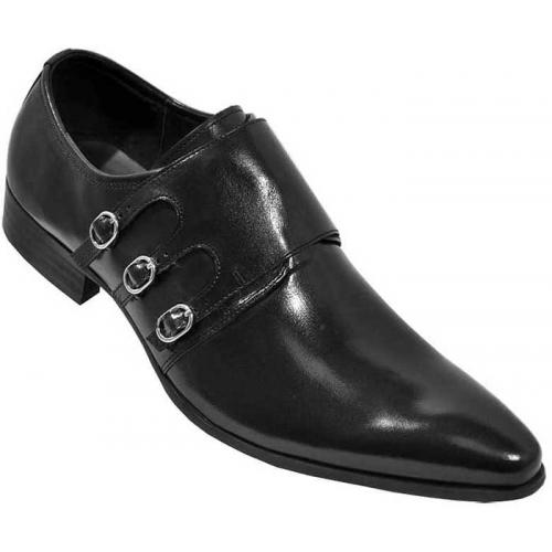 Encore By Fiesso Black Genuine Italian Calf Leather Loafer Shoes With Triple Buckle Monk Strap FI3051