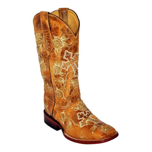 Ferrini Ladies 81093-15 Antique Saddle "Distressed Floral Cross" Cowhide Boots