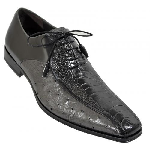 Mezlan "Camden" Charcoal Grey / Platinum Genuine All-Over Ostrich Oxford Shoes