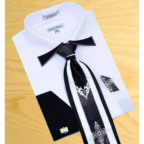 Daniel Ellissa White With Black Trimming Spread Collar Shirt / Tie / Hanky Set With Free Cufflinks DS3748P2
