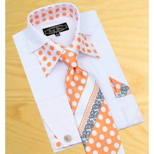 Daniel Ellissa White / Orange Polka Dots Double Collar Shirt / Tie / Hanky Set With Free Cufflinks FS1112P2