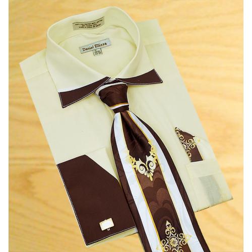 Daniel Ellissa Cream With Brown Trimming Spread Collar Shirt / Tie / Hanky Set With Free Cufflinks Shirt  DS3748P2