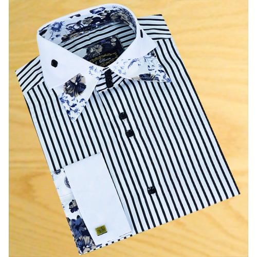 Daniel Ellissa White / Charcoal Grey Stripes Double Collar Shirt FS1104