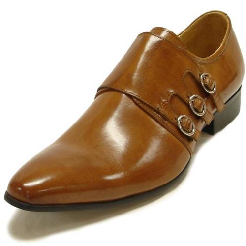 Encore By Fiesso Tan Genuine Italian Calf Leather Loafer Shoes With Triple Buckle Monk Strap FI3051