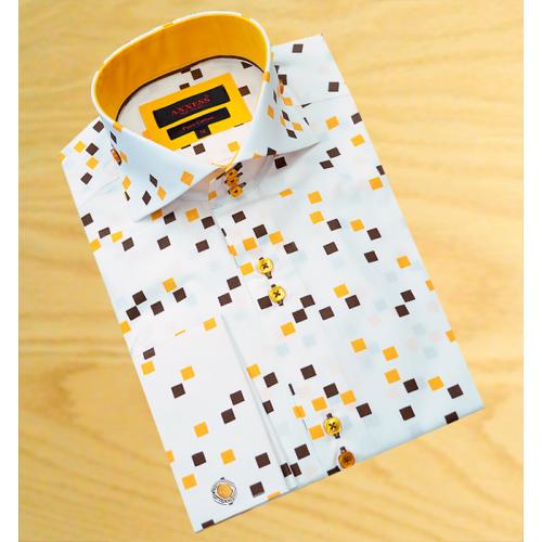 Axxess White With Chocolate Brown / Peanut Butter Squares 100% Cotton Dress Shirt 08-24