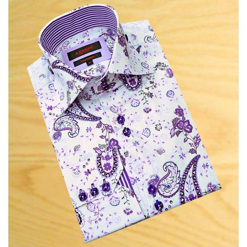 Axxess White With Lavender / Violet / Black Paisley Design 100% Cotton Dress Shirt 08-29