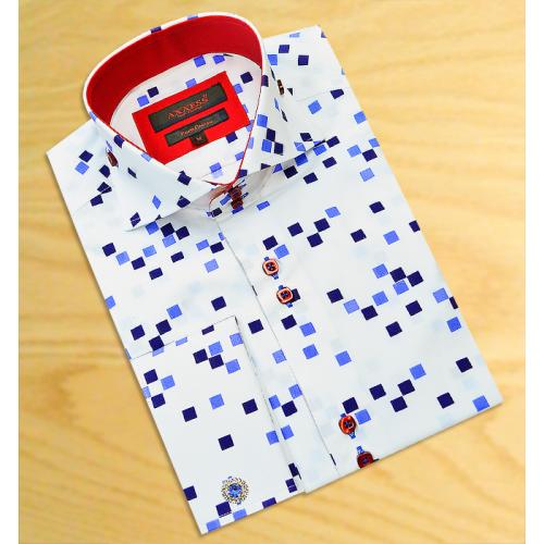 Axxess White With Sky Blue / Navy Blue Squares Design 100% Cotton Dress Shirt 08-22