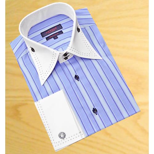 Axxess Sky Blue /  Navy Blue /  White Stripes With Navy Blue Double Hand Pick Stitching 100% Cotton Dress Shirt 07-09