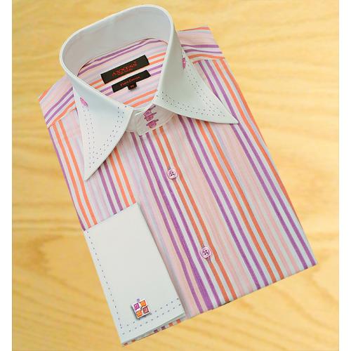 Axxess White / Violet / Apricot Stripes With Violet Double Handpick Stitching 100% Cotton Dress Shirt 07-21
