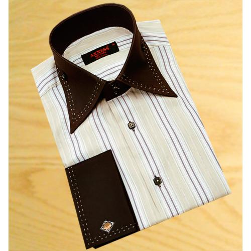 Axxess Tan / Brown / White Stripes With Cranberry Double Handpick Stitching 100% Cotton Dress Shirt 06-16