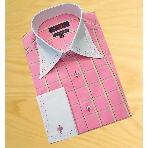 Axxess Rose With Gold / White / Black Windowpane With Rose Double Handpick Stitching 100% Cotton Dress Shirt 08-17