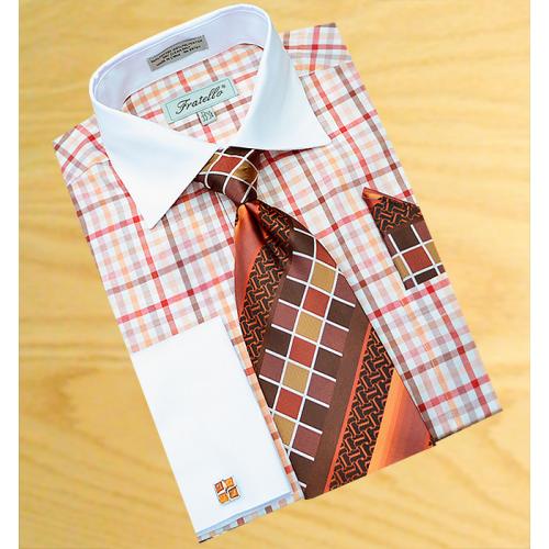 Fratello White With Burgundy / Brown / Apricot Plaid Design Dress Shirt  / Tie / Hanky Set Free Cufflinks FRV4114P2