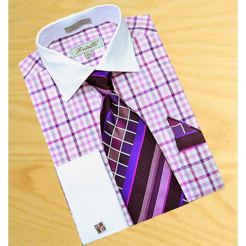 Fratello White With Violet / Purple / Lavender Plaid Design Dress Shirt / Tie / Hanky Set Free Cufflinks FRV4114P2