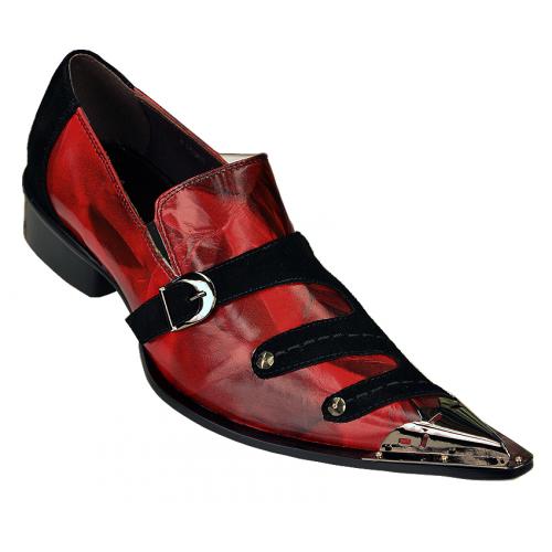 Fiesso Black / Red Diagonal Suede Genuine Leather Loafer Shoes With Metal Tip  FI6385