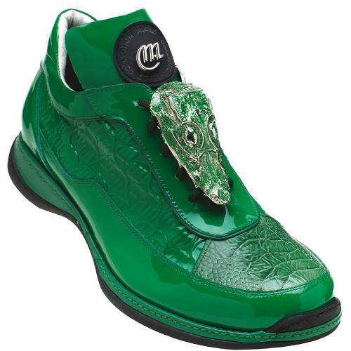 Mauri "Mania" 8691 Leaf Green Genuine Ostrich Leg / Patent Embossed Leathers Sneakers With Alligator Head On Laces