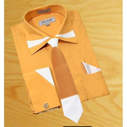 Fratello  Honey Gold  / Cream  Pleated Spread Collar Dress Shirt/Tie/Hanky Set FRV4106P2