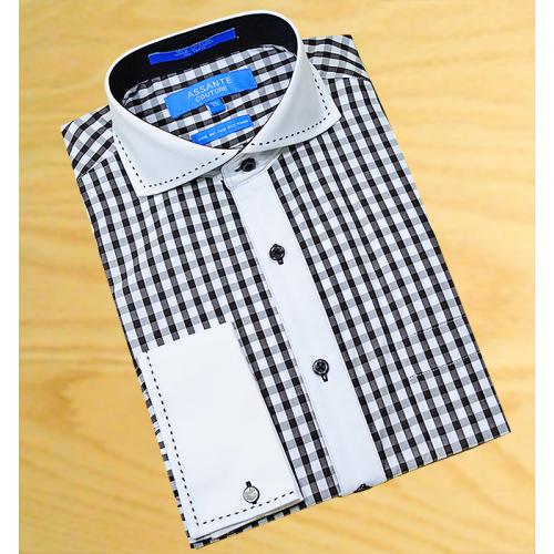 Assante  White / Black Windowpane  Super 80’s Two Ply 100% Cotton Dress Shirt With White Spread Collar / White French Cuffs With Black Hand Pick Stitching  624