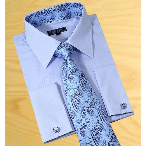 Tessori Sky Blue Shadow Stripes Spread Collar Shirt With / Tie / Hanky Set With Free Cufflinks SH-306