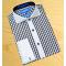 Assante Denim Blue / White Windowpane Super 80’s Two Ply 100% Cotton Dress Shirt With Denim Blue Spread Collar / Denim Blue French Cuffs With White Hand Pick Stitching 714