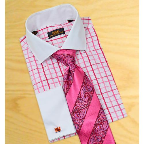Steven Land White With Fuchsia Windowpanes 100% Cotton Dress Shirt With White Spread Collar / White French Cuffs