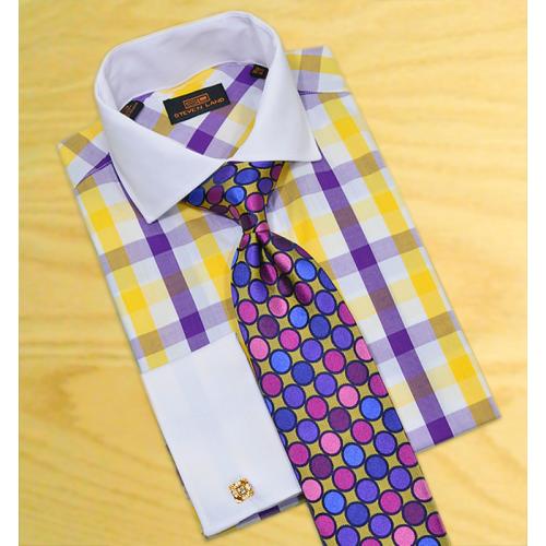 Steven Land White / Purple / Gold Windowpanes 100% Cotton Dress Shirt With White Spread Collar / White French Cuffs