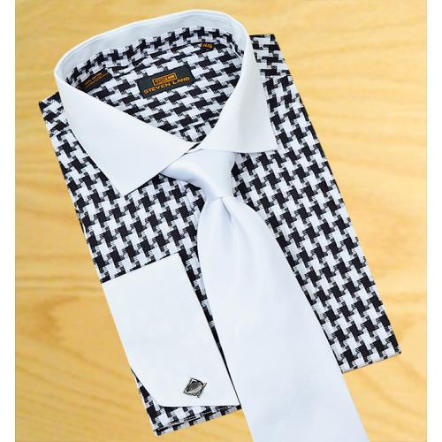 Steven Land White / Black Houndstooth 100% Cotton Dress Shirt With White Spread Collar / White French Cuffs