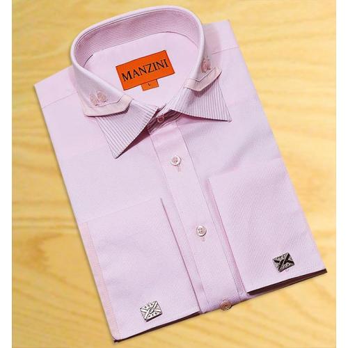 Manzini Rose Embroidered With White/ Rose Pinstripes /Rose Embroidered Triple Layered High Collar 100% Cotton Dress Shirt With Free Cufflinks V4