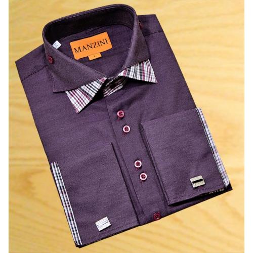 Manzini  Plum Embroidered Pinstripes With Black / White  Plaid Double Layered High Collar French Cuff 100% Cotton Dress Shirt With Free Cufflinks