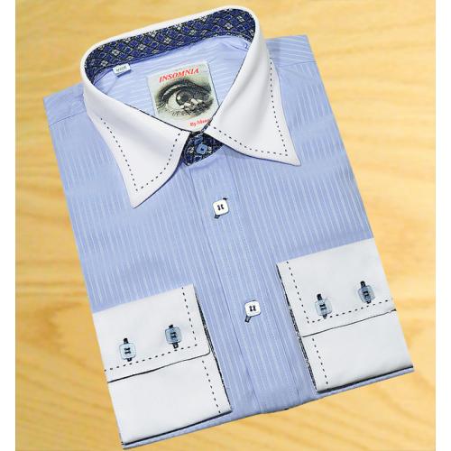 Insomnia Sky Blue Shadow Stripes With Navy Blue Hand Pick Stitching High Collar 100% Cotton Dress Shirt MZPT-1A