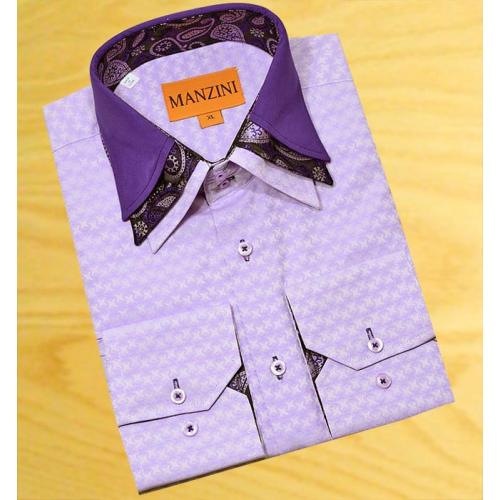 Manzini Lavender Jaquard With Black/ Violet / Lavender Paisley Triple Layered High Collar 100% Cotton Dress Shirt V2