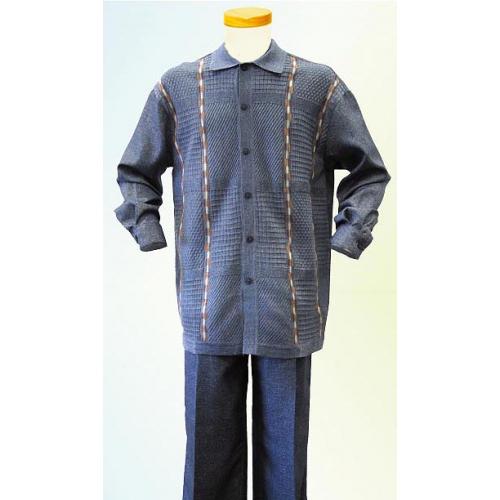 Silversilk Navy / Rust / Cognac / Cream Knitted Self Design 2 Pc  Silk Blend Outfit # 2967