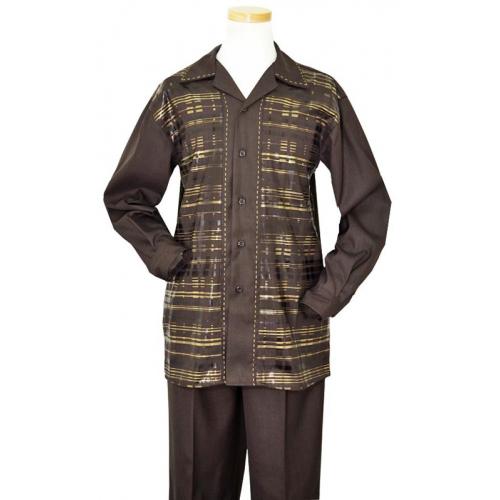Pronti Chocolate Brown With Metallic Gold / Chocolate Brown Hand Painted Windowpane Microfiber Blend 2 PC Outfit With Gold hand Pick Stitching SP5989