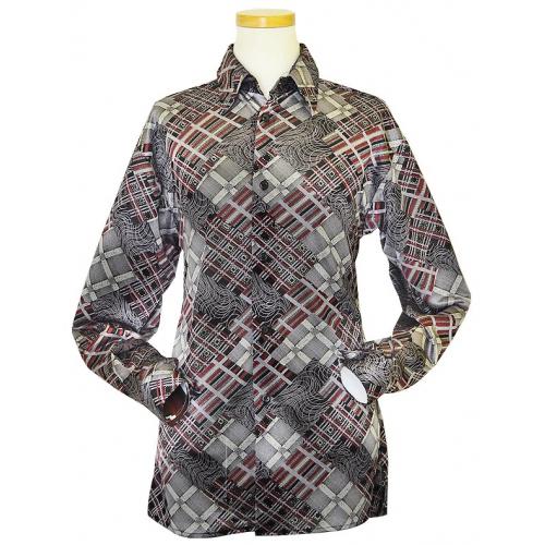 Pronti  Red / Black / Silver Grey / Silver Lurex Artistic Design Long Sleev Shirt S5986