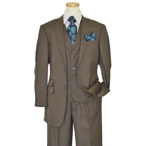 Bertolini Olive Green / Turquoise Windowpane Wool & Silk Blend Vested Suit 78009