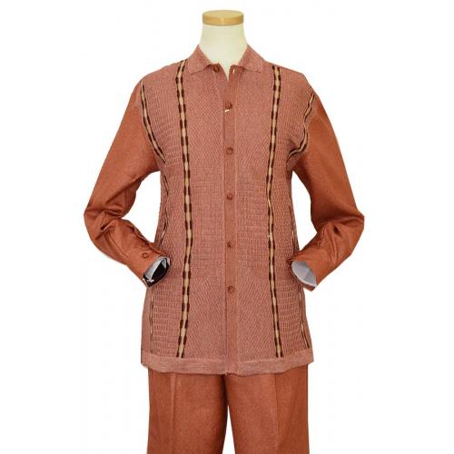 Silversilk Salmon / Brown / Beige Knitted Self Design Long Sleeve 2 Pc Silk Blend Outfit 2967