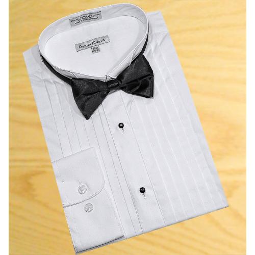 Daniel Ellissa White 1/2" Pin Pleated Wingtip Collar Cotton Blend Tuxedo Shirt With Bowtie DS3005A