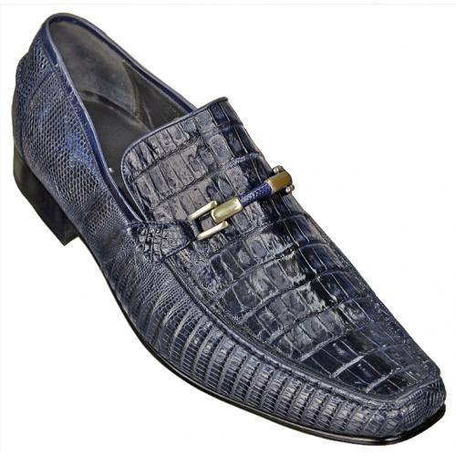Los Altos Navy Blue Genuine Hornback Crocodile / Lizard Loafer Shoes ZV103710