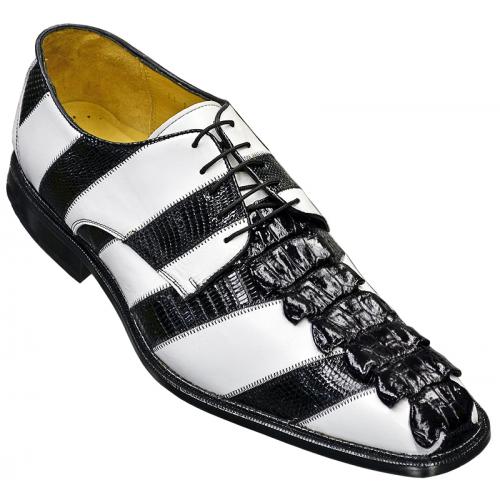 Belvedere "Fabrizio" White / Black Genuine Nile Crocodile Tail / Lizard / Calf Shoes