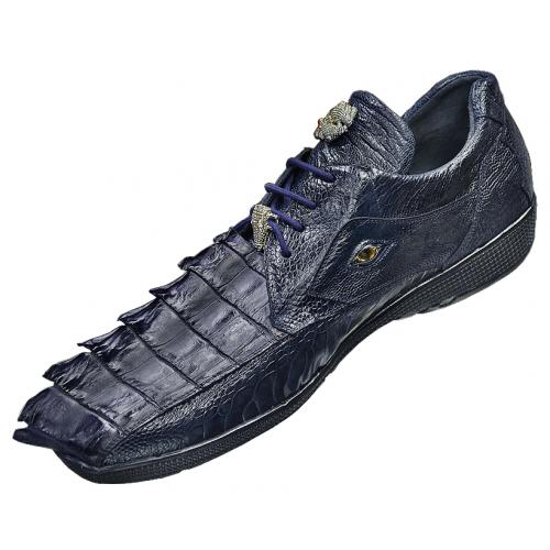 Belvedere "Lazzaro" Navy Blue Genuine Hornback Crocodile Tail / Ostrich Casual Sneakers With Eyes