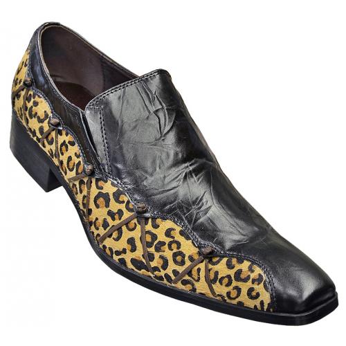 Fiesso Black / Brown Leopard Hair Loafer Shoes with Brown Leather Weaved on Side FI6676