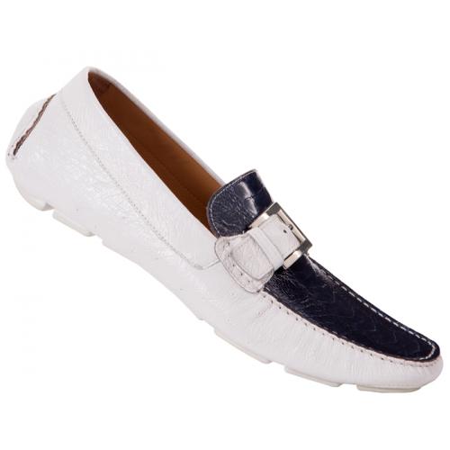 Mauri  "9133/1" White / Blue Genuine Ostrich Leg / Ostrich Loafer Shoes