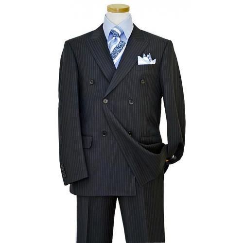 Bertolini Navy Blue With Sky Blue Pinstripes Wool & Silk Blend Super 140's Suit 68804