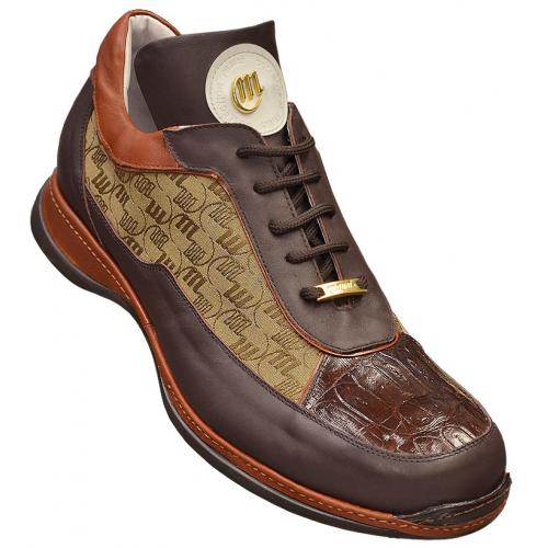 Mauri "8691" Chocolate Brown / Rust / Champagne Genuine Alligator / Mauri Fabric Sneakers.