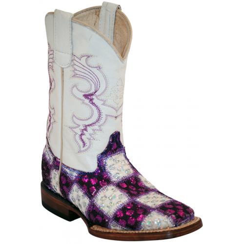 Ferrini Kid's Purple / White Genuine Patchwork Cowhide Cowboy Boots 71393-48