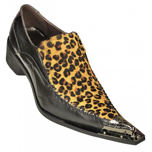 Fiesso Black / Gold Leopard Hair Genuine Leather Loafer Shoes With Metal Tip  FI6650