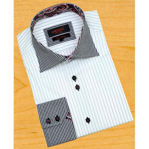 Axxess White / Black Double Pinstripes With White / Black Houndstooth Spread Collar 100% Cotton Dress Shirt 01-166