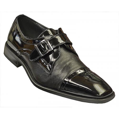 Giorgio Venturi Black Genuine Tumble Grain Italian Calf / Patent Leather Cap Toe Loafer Shoes 6298