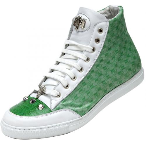 Mauri  "Campeggio" 8506 White / Green Genuine Baby Crocodile / Nappa Leather / Saffiano Fabric Sneakers