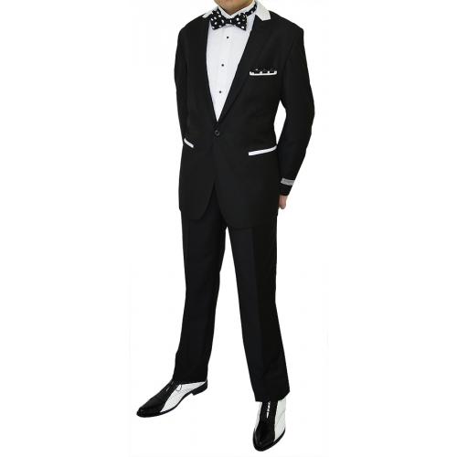 Tazio Black With Pleated White trimming And Black Hand Pick Stitching Slim Fit Suit M174S-2