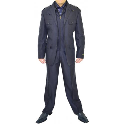 Giovanni Testi Navy Blue Embroider Stripes Safari Slim Fit Suit With Shoulder Epaulet s and Zipper 3064